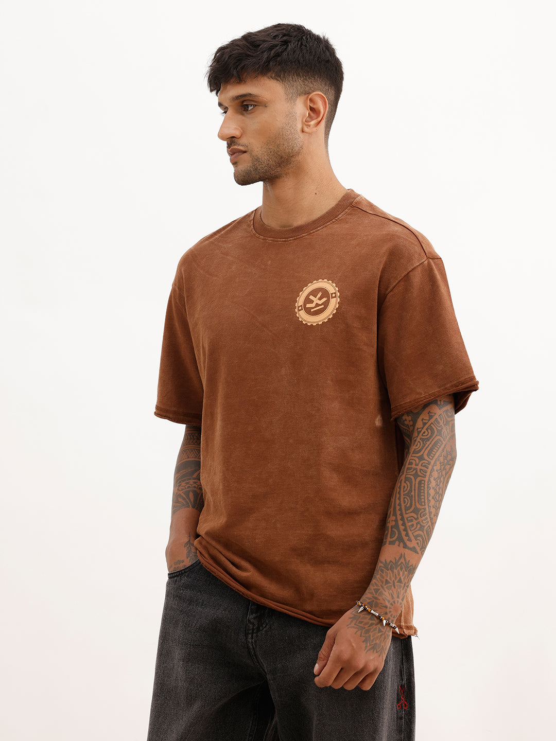 Oversized Washed Back Printed T-Shirt | Brown | WTS02HSOS1077S