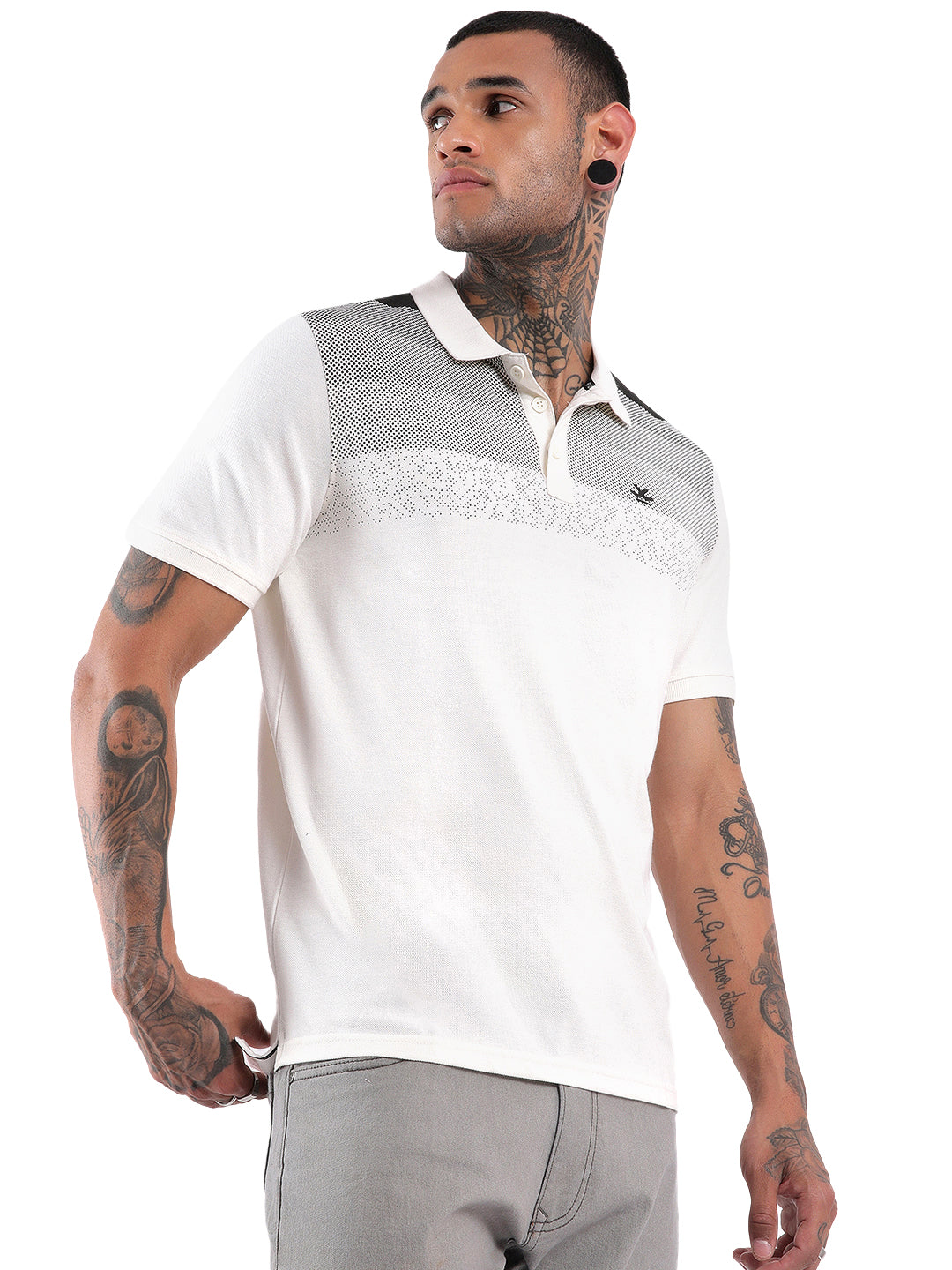 White Front Panel Print Polo T-Shirt