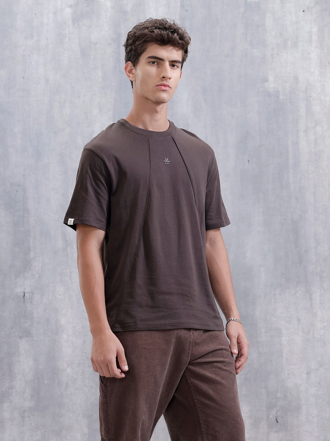 Men Solid Comfort Fit Tshirt With Pipping Detail | Dark Brown