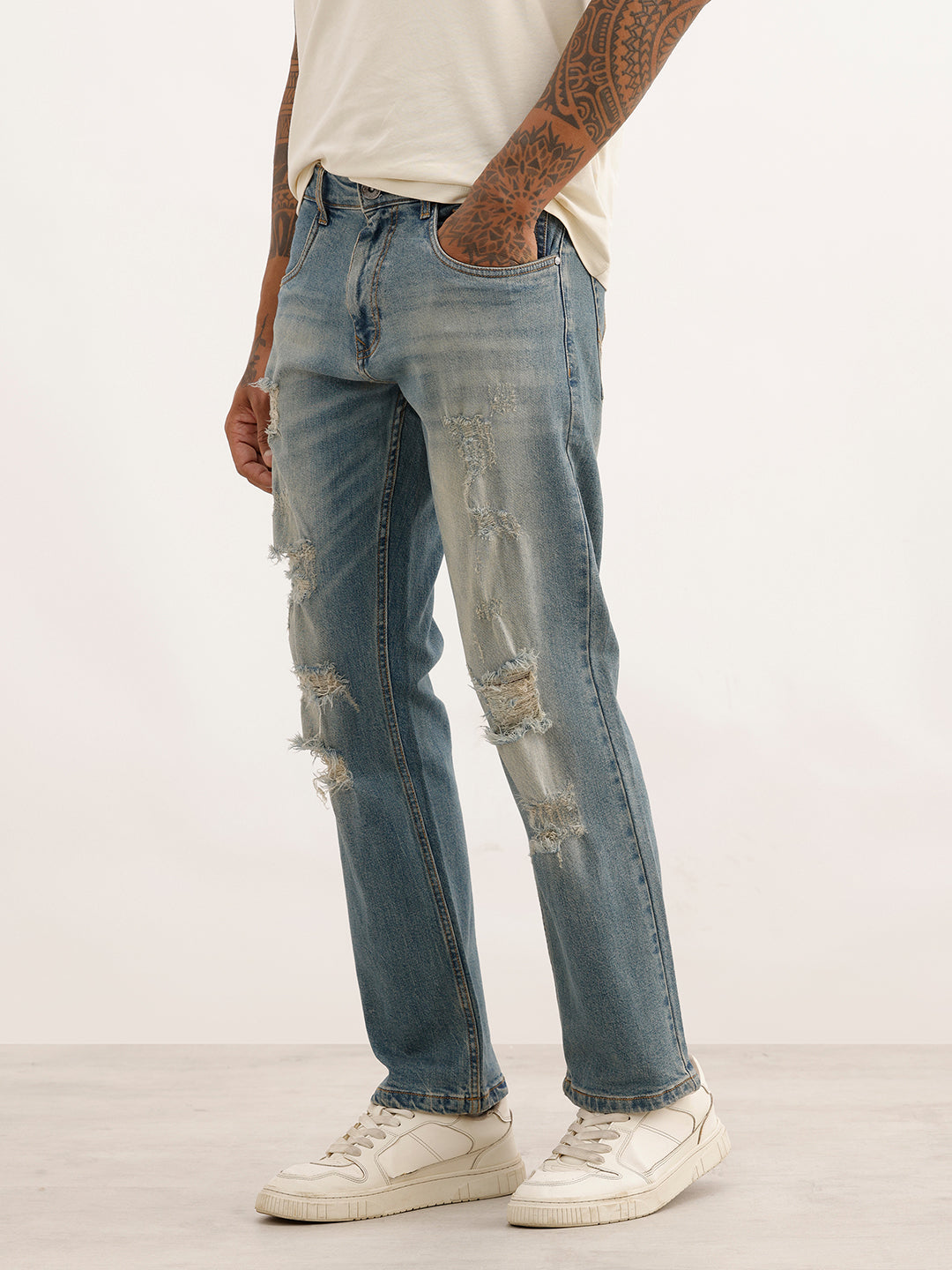 Faded Anti Fit Distressed Denim Jeans | Light Blue