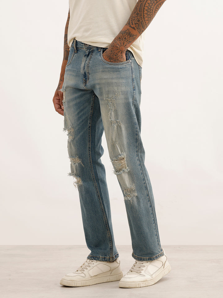 Faded Anti Fit Distressed Denim Jeans | Light Blue
