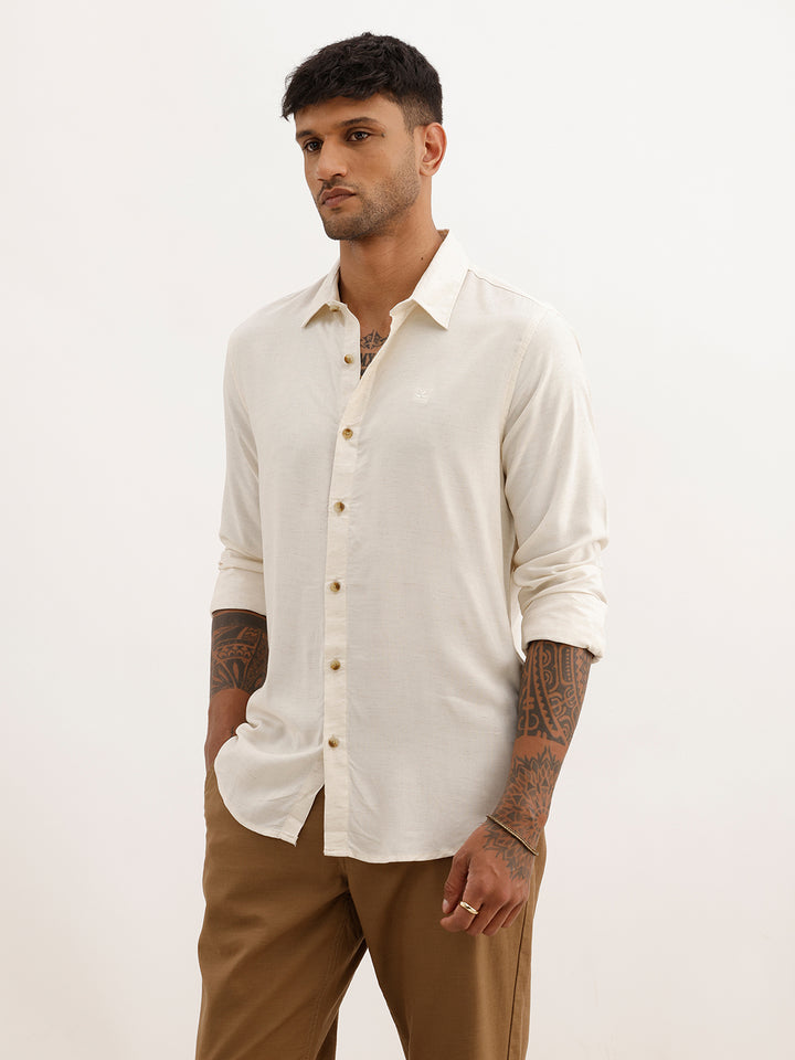 Solid Linen Blend Full Sleeve Shirt | Cream