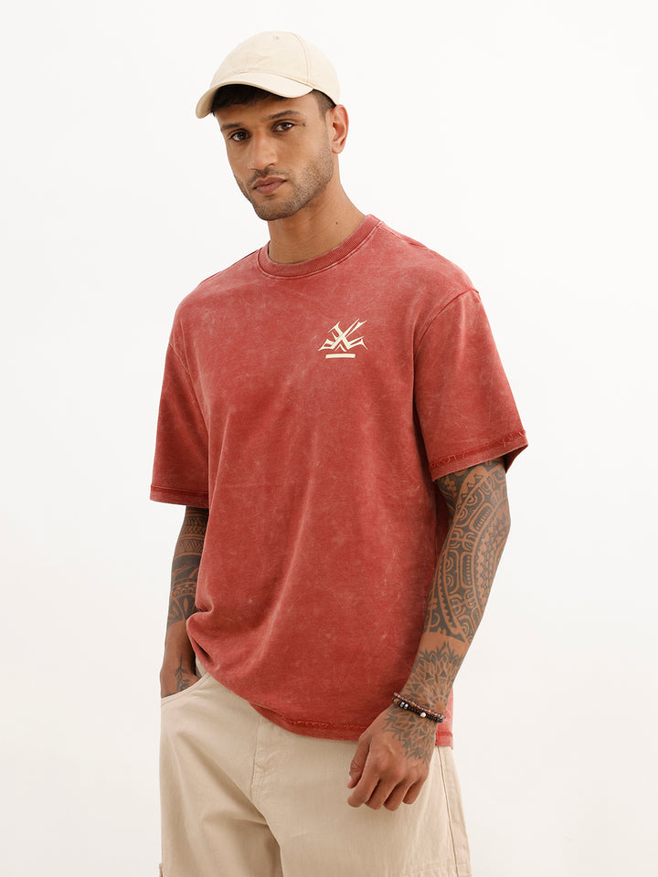 Oversized Washed Back Printed T-Shirt | Red