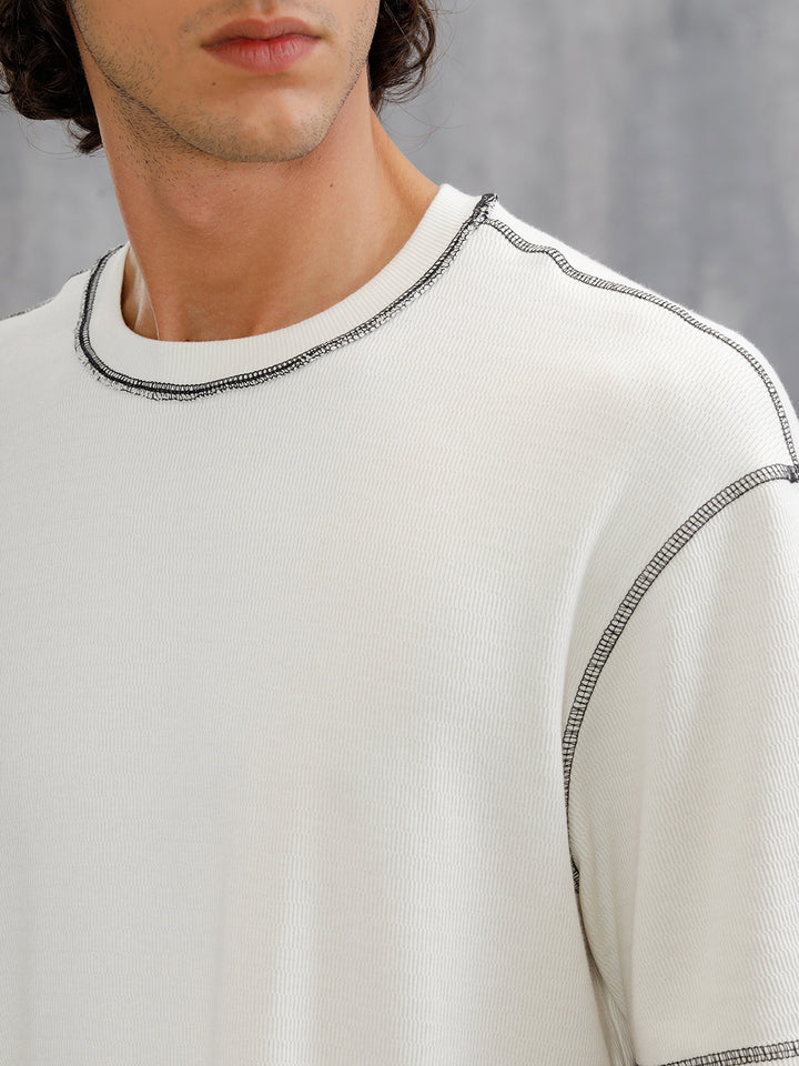 Premium Textured Knit With Contrast Stitch Details On Seams  | Off White