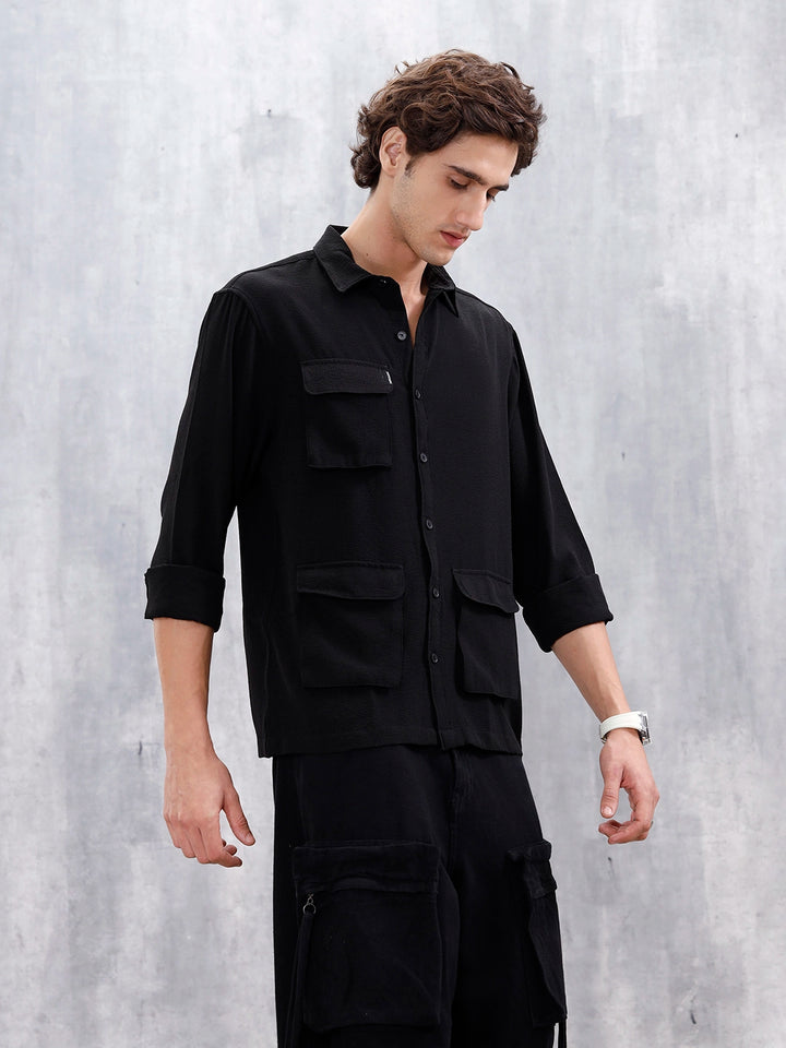 Comfort Fit Solid Shirt With Utility Pockets | Black