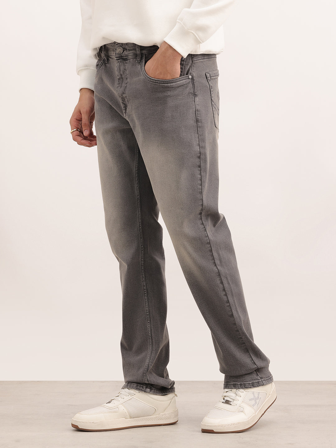 Washed Straight Fit Denim Jeans | Light Grey