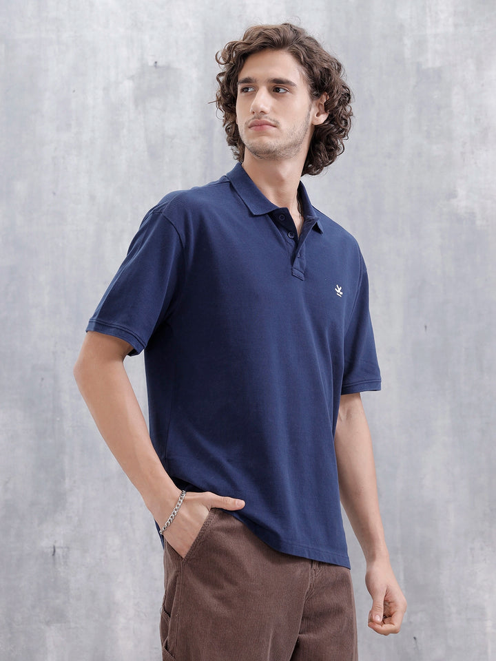 Men Solid Oversized Fit Casual Polo Collar T-shirt | Blue