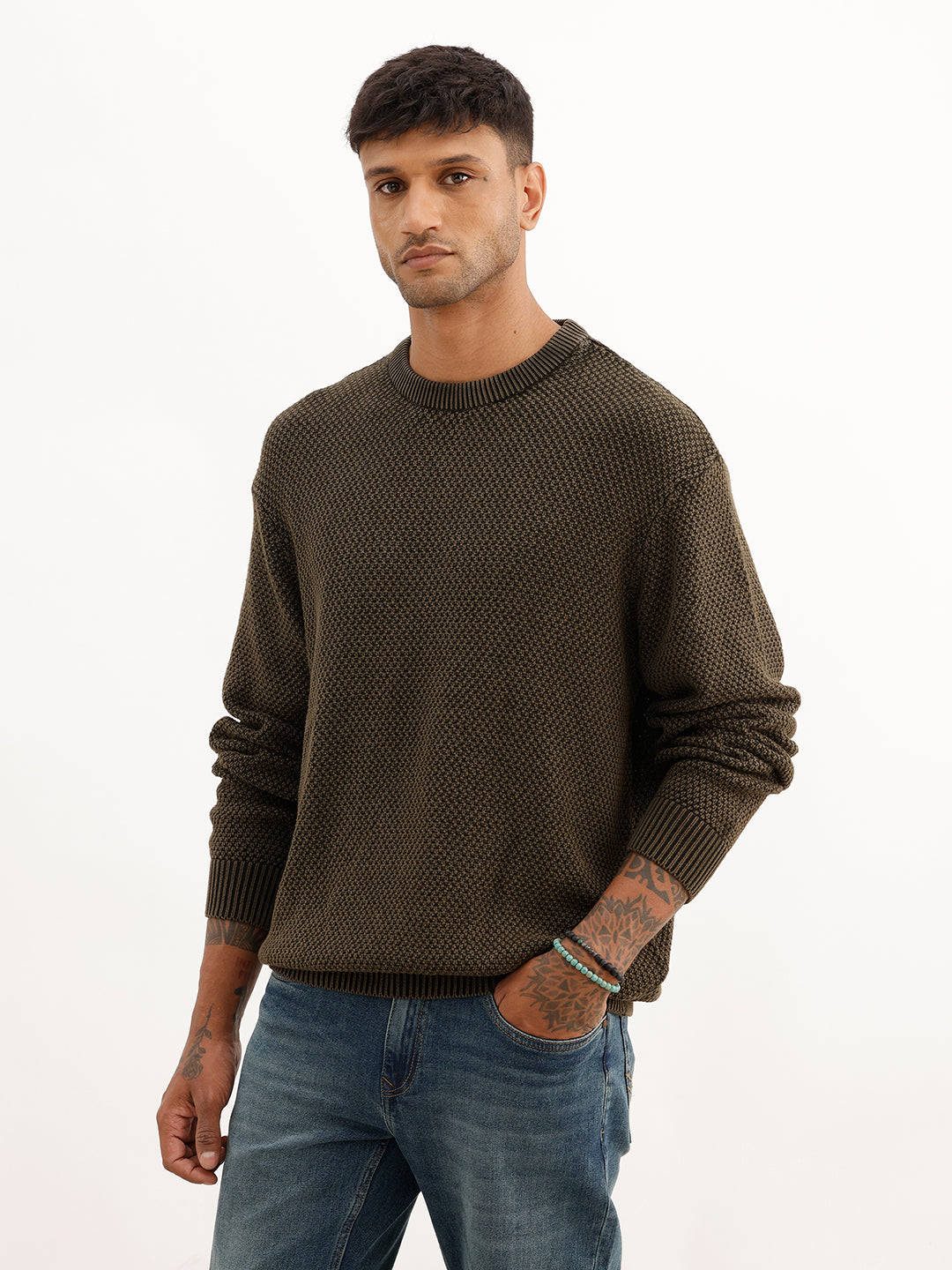 Comfort Fit Textured Knited Sweater | Olive