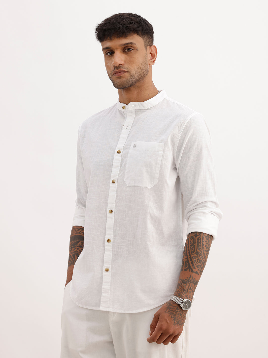 Solid Regular Fit Mandrin Collar Shirt | White