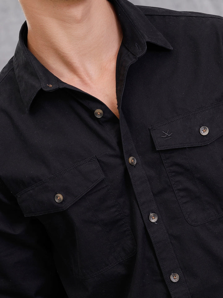 100% Cotton Enzyme Washed Regular Fit Shirt With Double Patch Pocket I Black