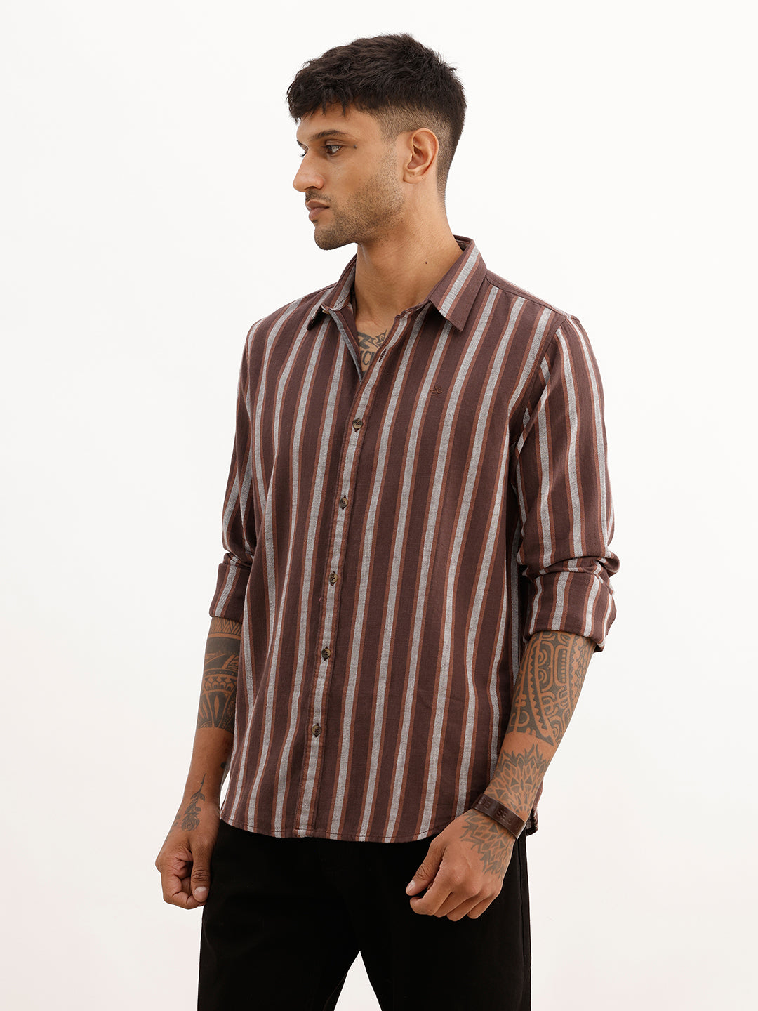 Slim Fit Striped Full Sleeve Shirt | Brown