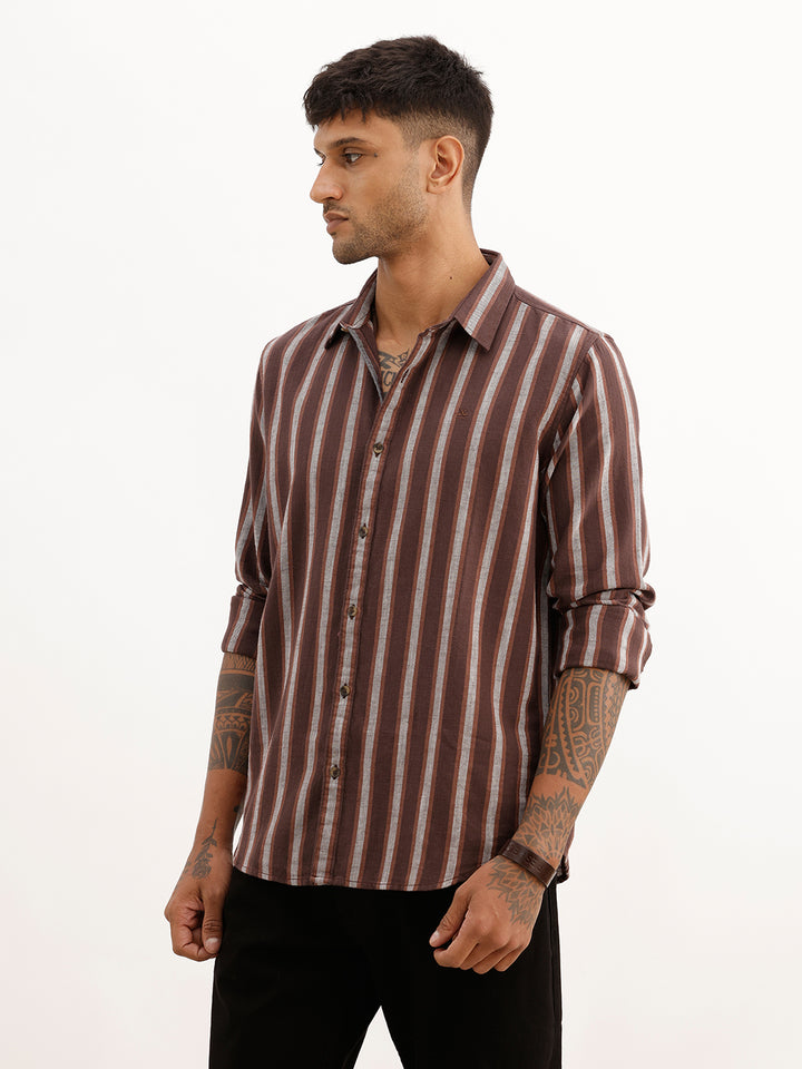 Slim Fit Striped Full Sleeve Shirt | Brown