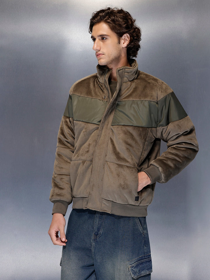 Men’s textured corduroy puffer with contrast panels | Dark olive