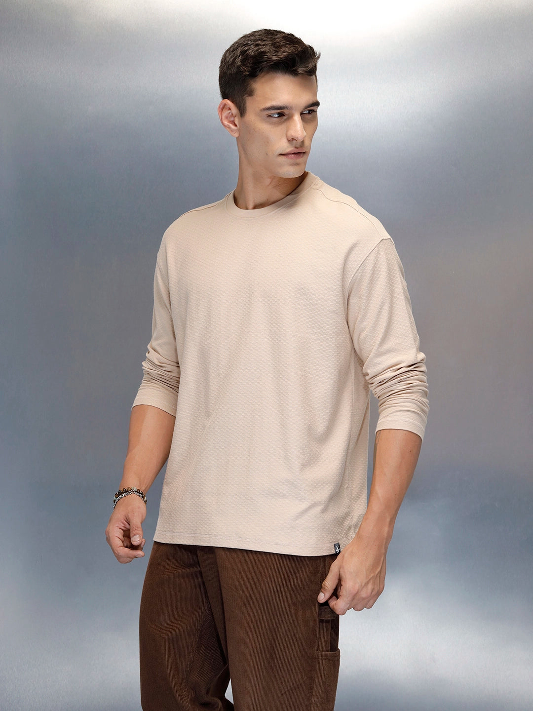 Textured Men's Casual Oversized Fit T-Shirt | Beige