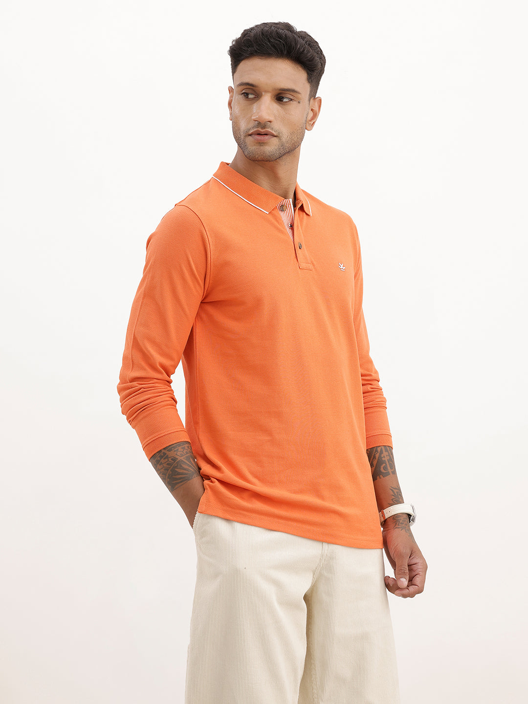 Regular Fit Tipping Collar Full Sleeve Polo T-Shirt | Orange