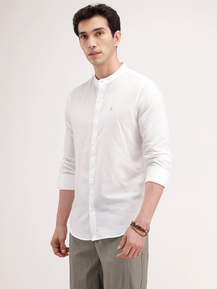 Slim Fit Mandrin Collar Linen Blend Shirt | White
