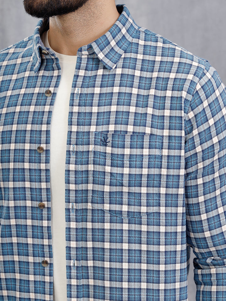 Micro Check Shirt In Seersucker Fabric | Blue