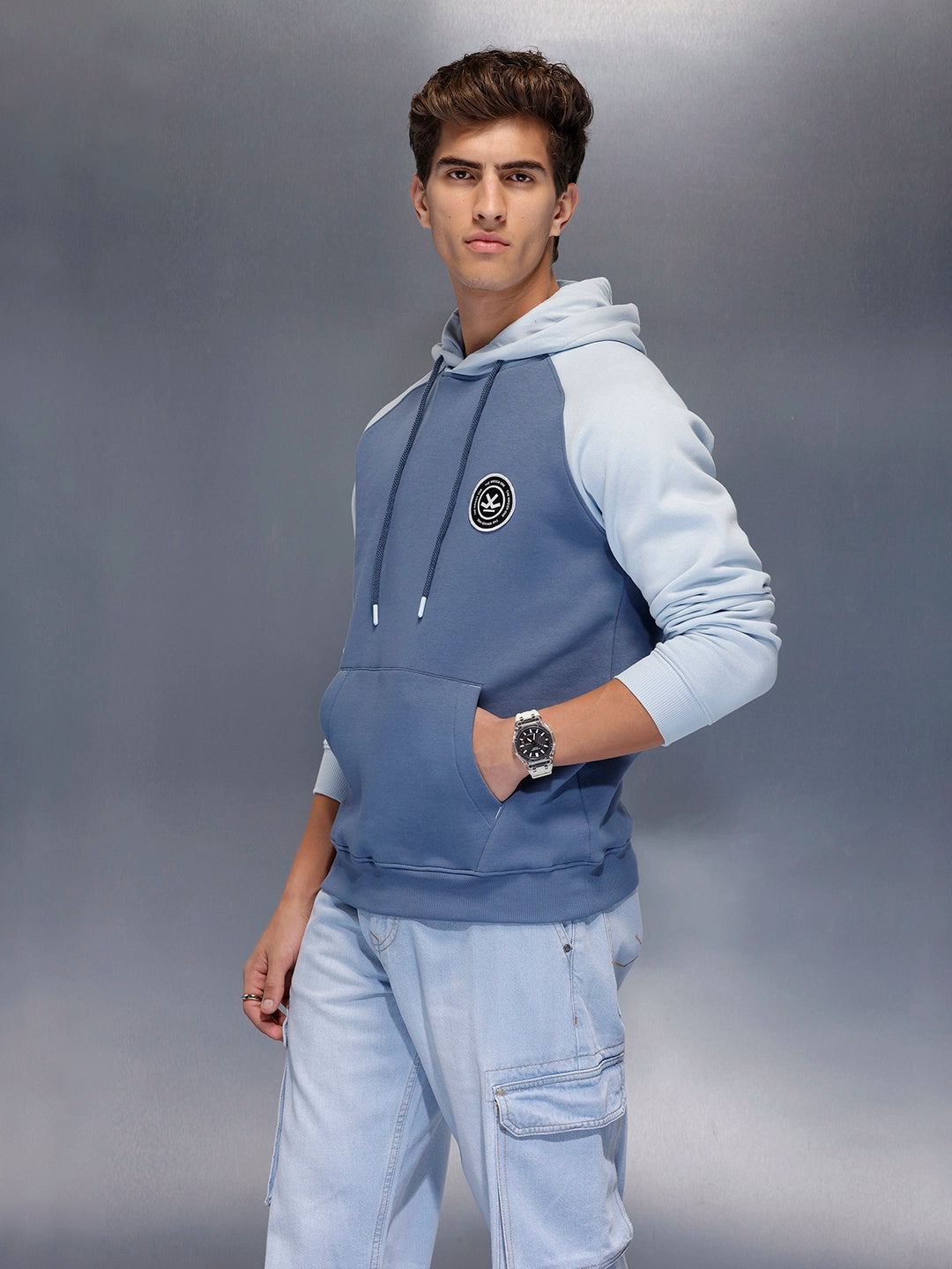 Minimal Dual-Tone Casual Hoodie | Blue