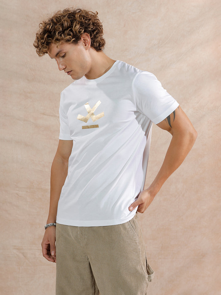Gold Foil Print Slim Fit T-Shirt | White