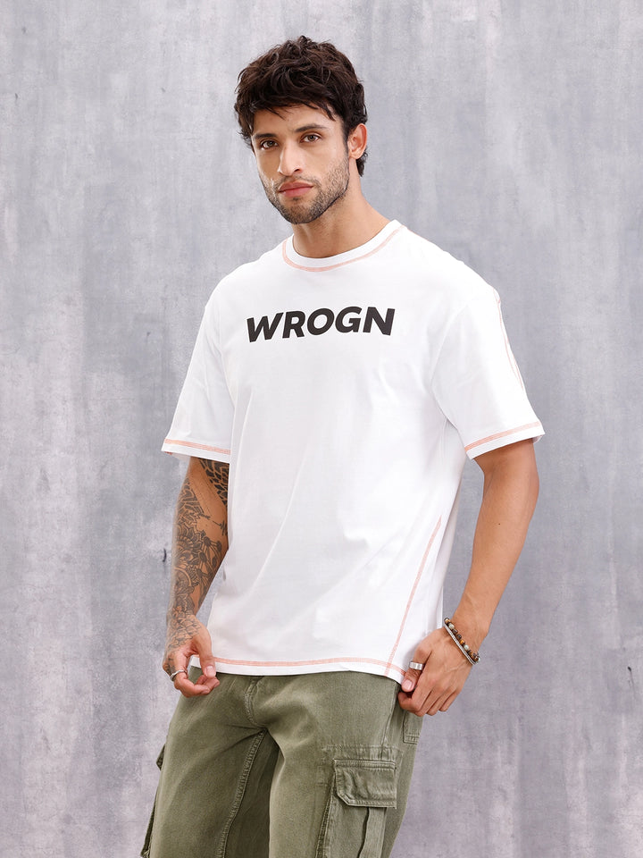 Contrast Flat Lock Detail Oversized Fit T-shirt With Print | White