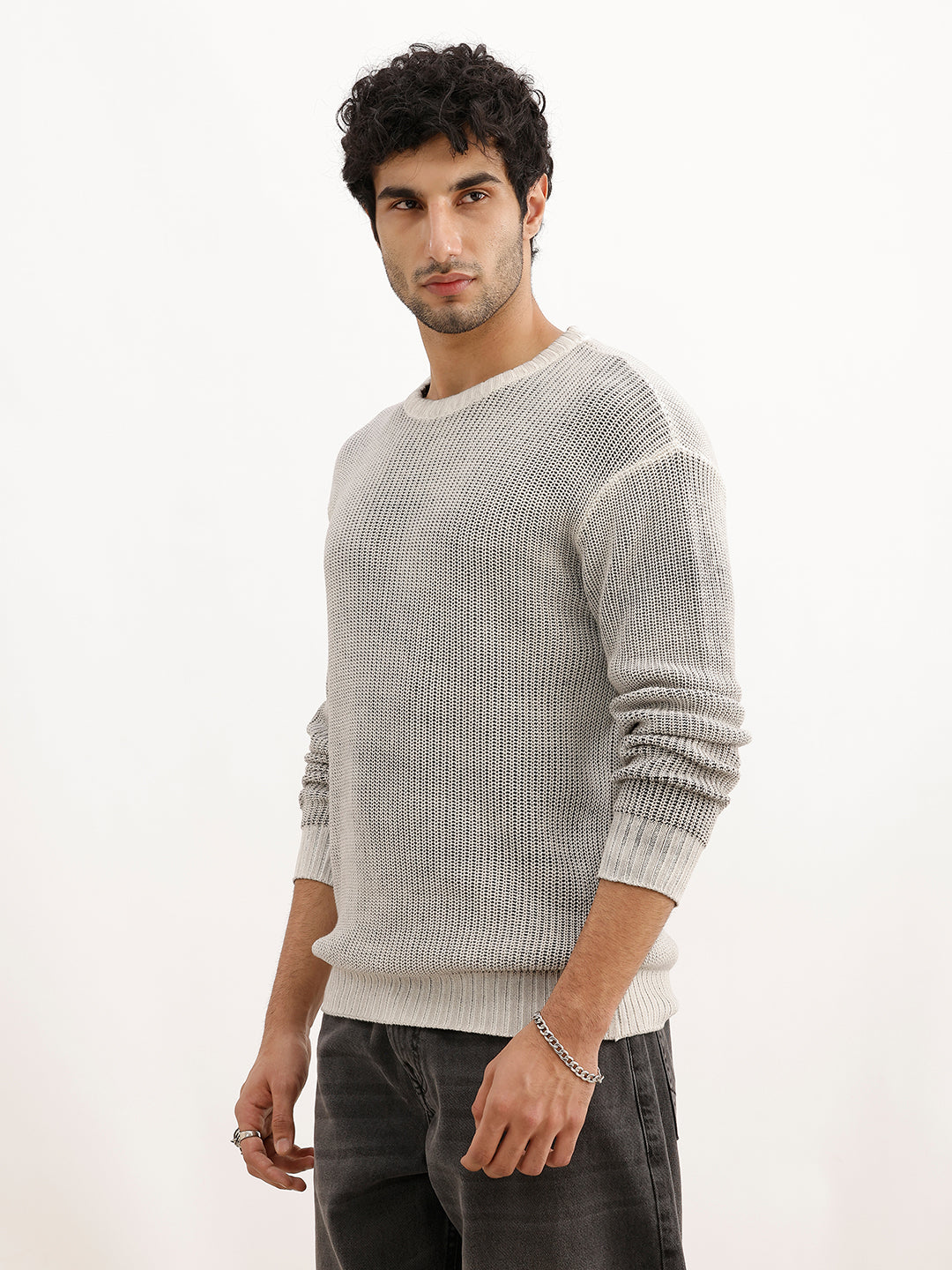 Solid Comfort Fit Knitted Sweatshirt | Grey