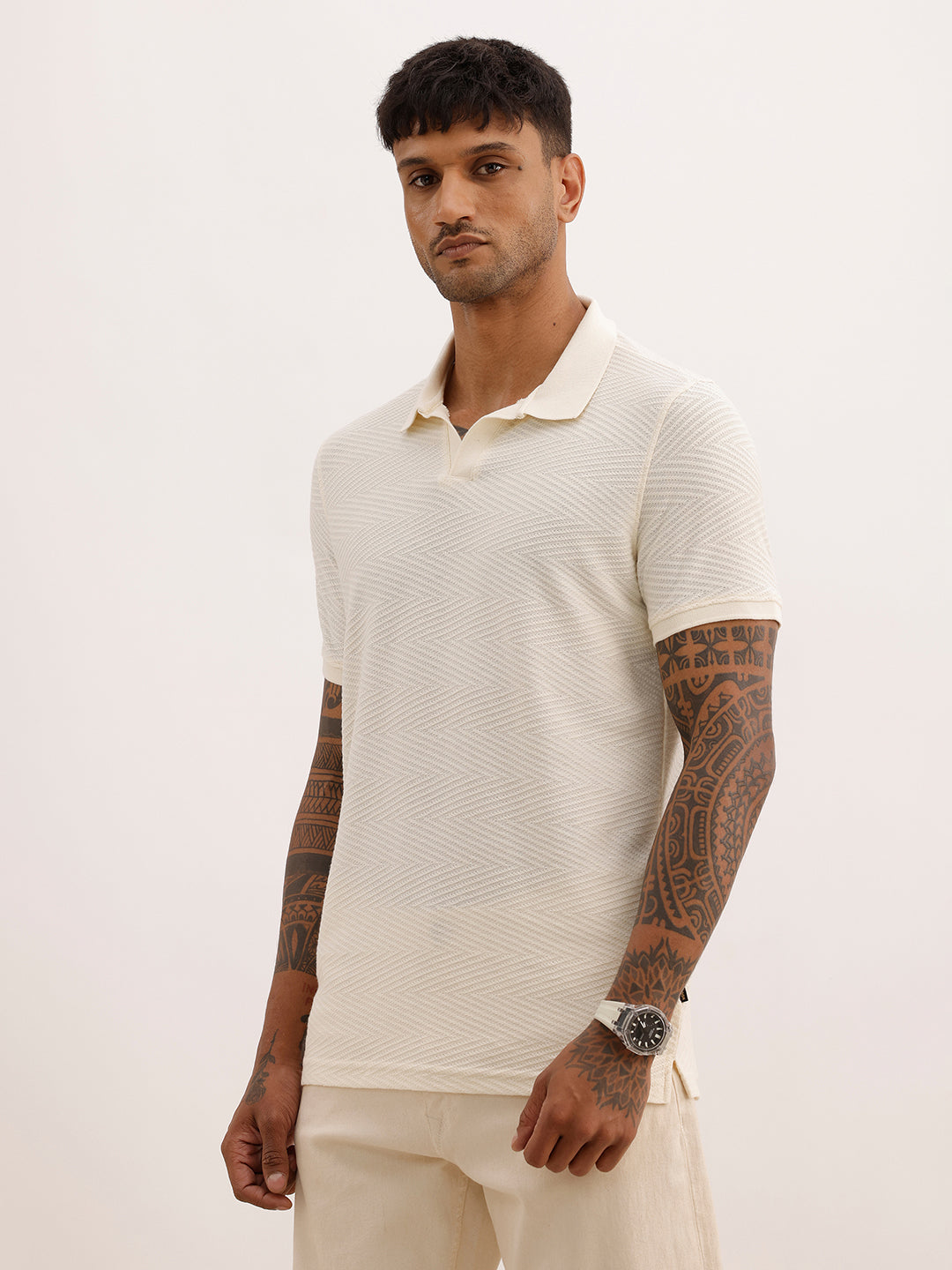 Solid Slim Fit Textured Polo T-Shirt | Off White | WPT02HSSL1245S