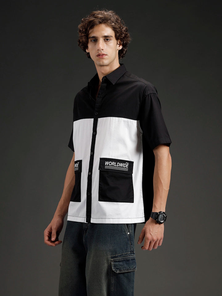 Men's casual colourblock oversized fit shirt | WHITE AND BLACK