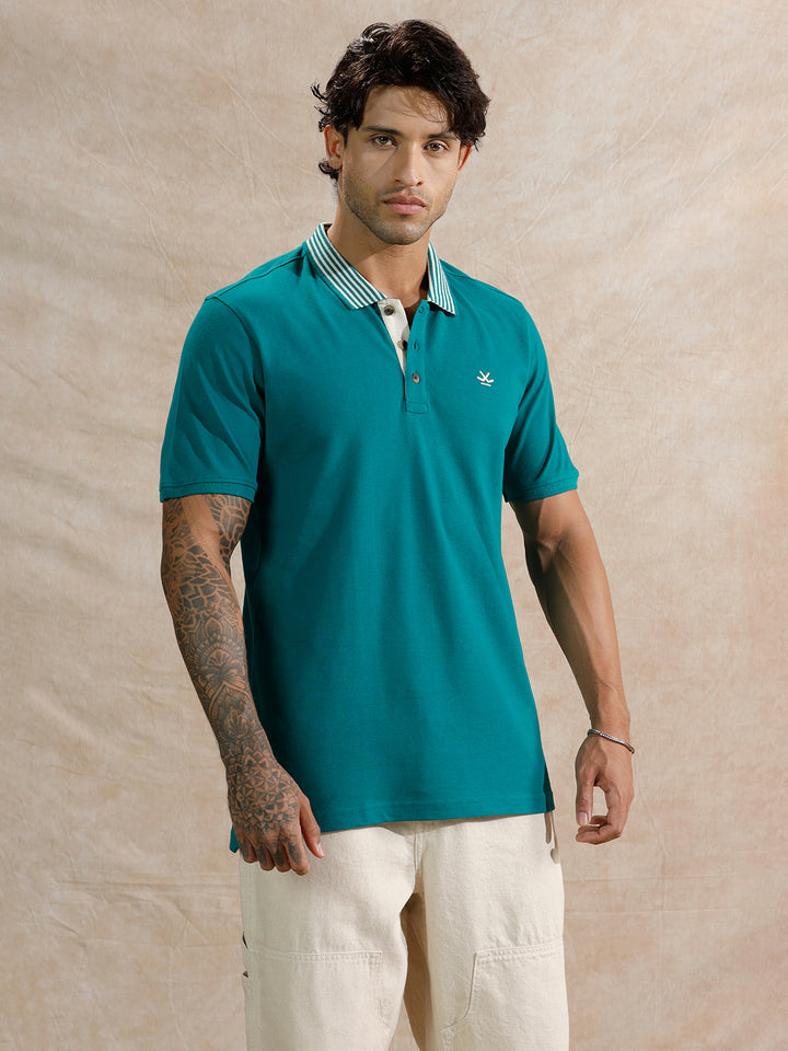 Striped Collar Slim Fit Polo T-Shirt | Teal