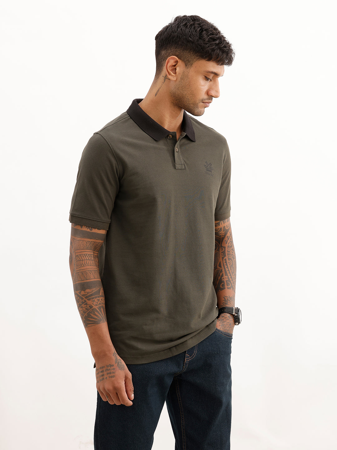 Slim Fit Contrast Collar Polo T-Shirt | Olive