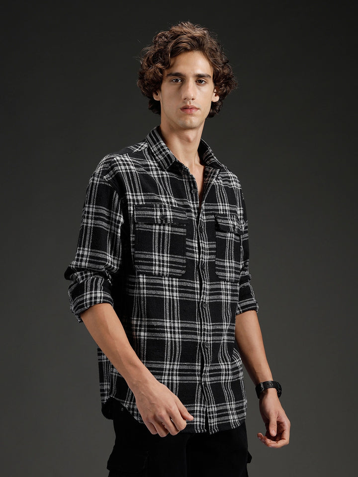 Wrogn Men's Casual Checkered Shirt | Black