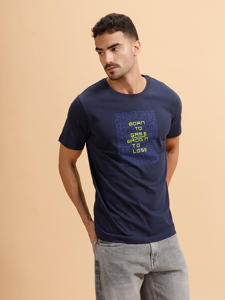 Placement Print Slim Fit T-Shirt  | Navy Blue