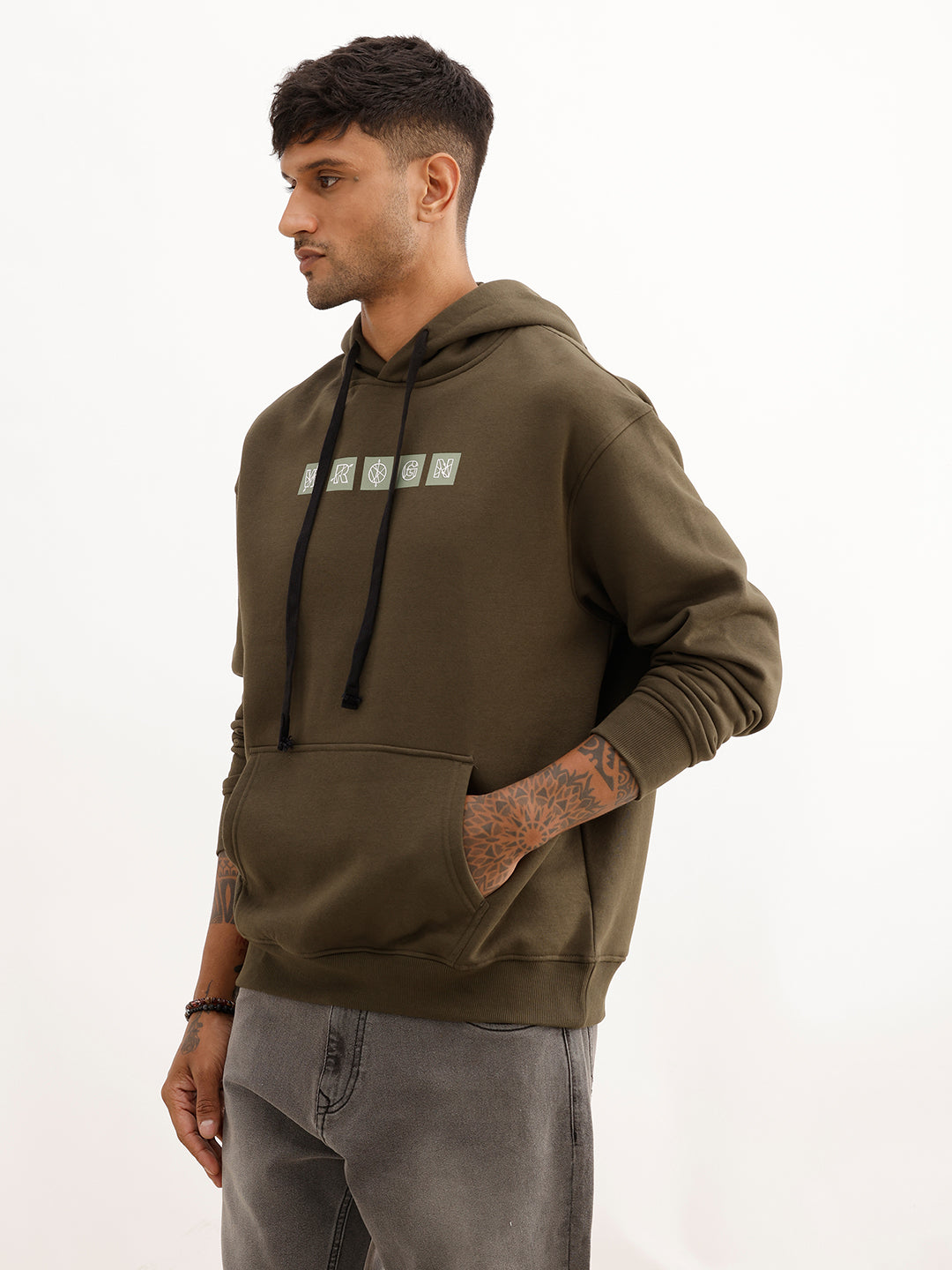 Classic Oversized Placement Printed Hoodie | Olive