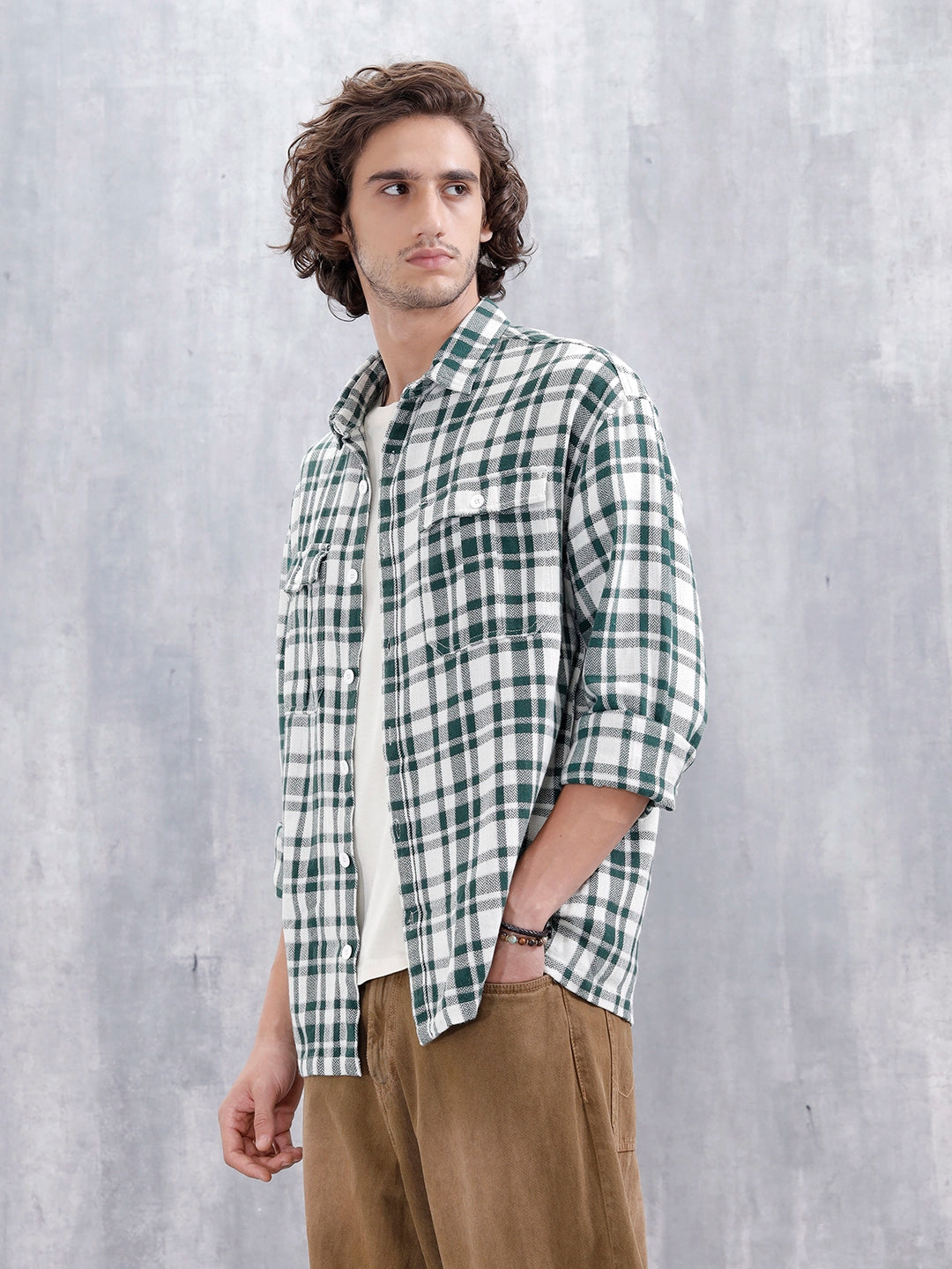 Checkered Pattern Double Pocket Oversized Fit Shirt | Green