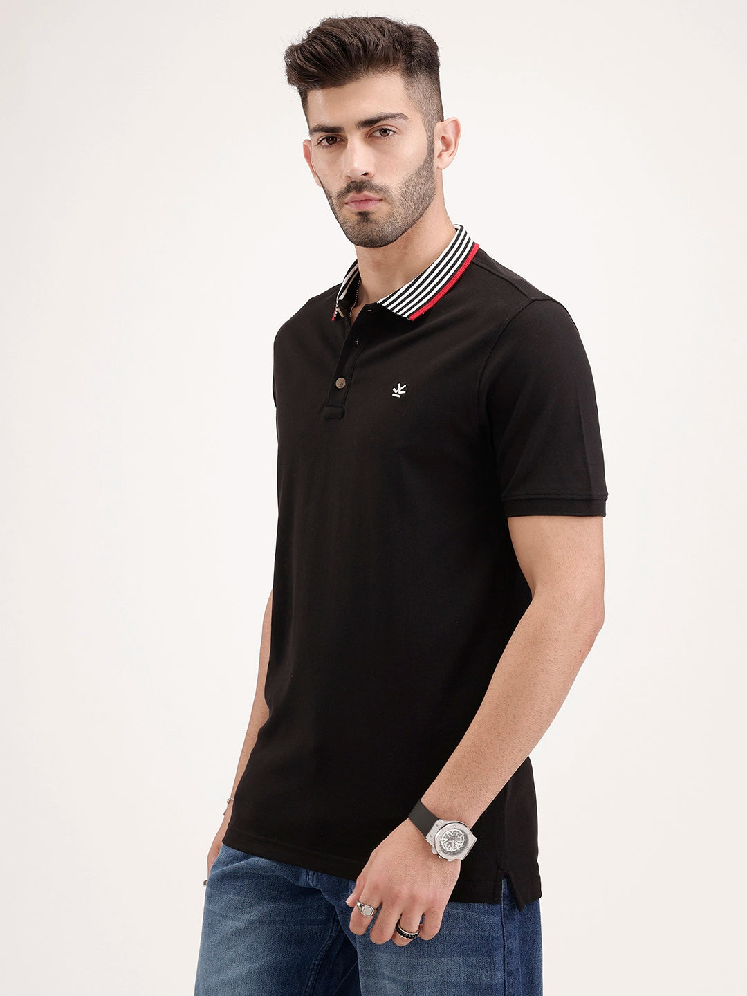 Contrast Collar Polo T-Shirt | Black