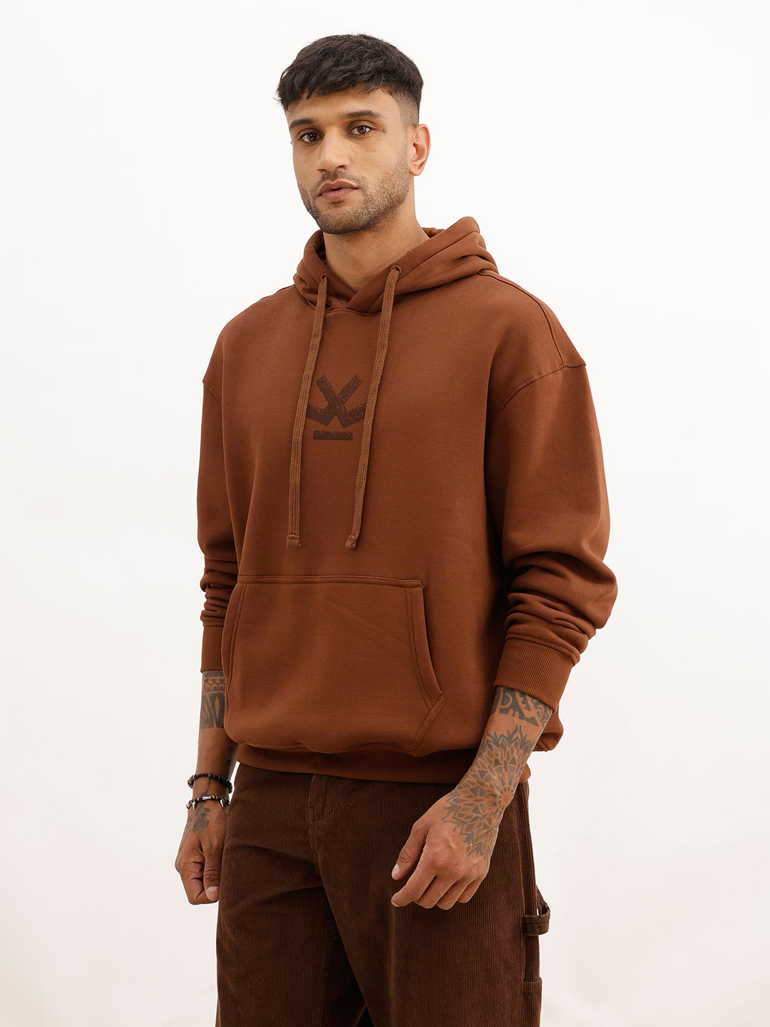 Oversized Back Printed Hooded Sweatshirt | Brown