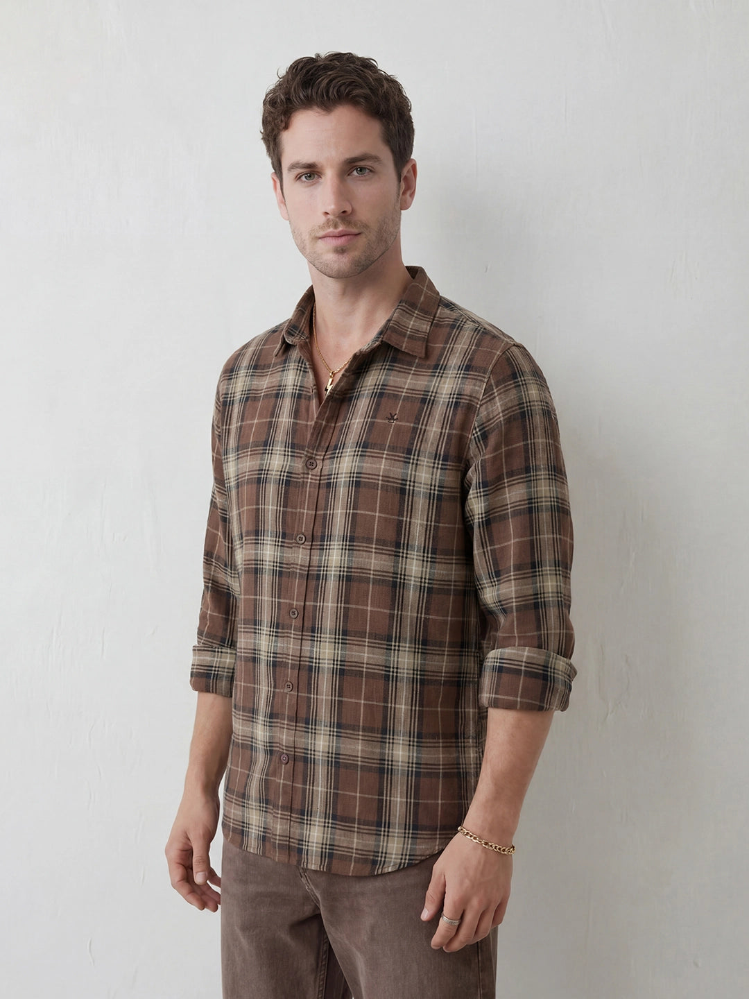 Classic Slim Fit Checkered Shirt | Brown