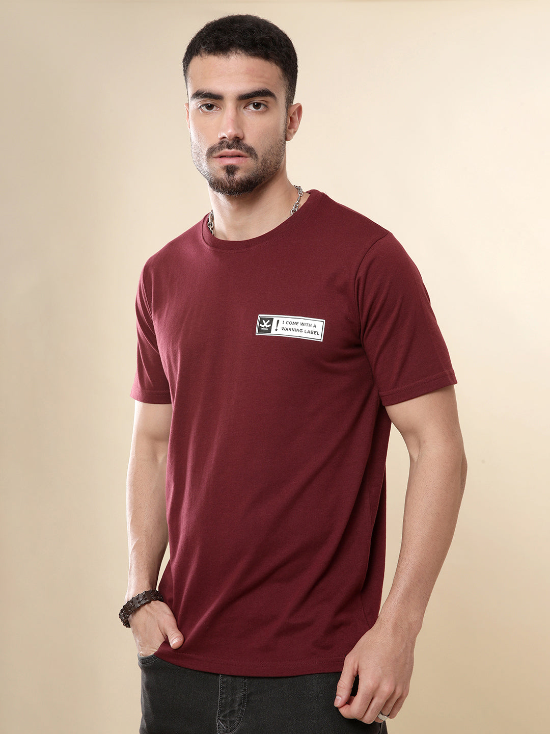 Warning Label Printed Maroon T-Shirt