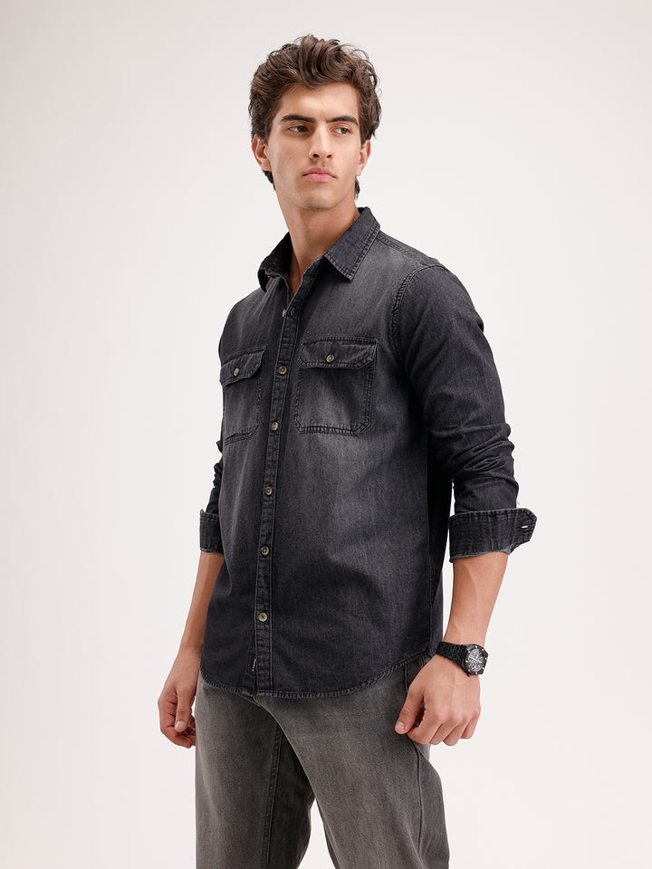 Slim Fit Faded Denim Shirt  | Black