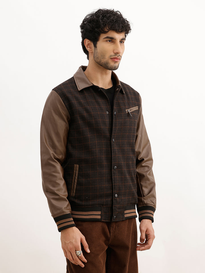 Classic Regular Fit Checkered Pannel Jacket | Brown