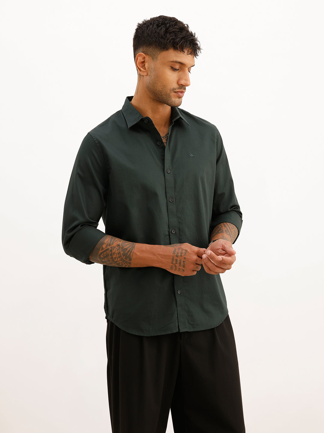 Solid Slim Fit Full Sleeve Shirt | Dark Green | WSH01FSSL7065W