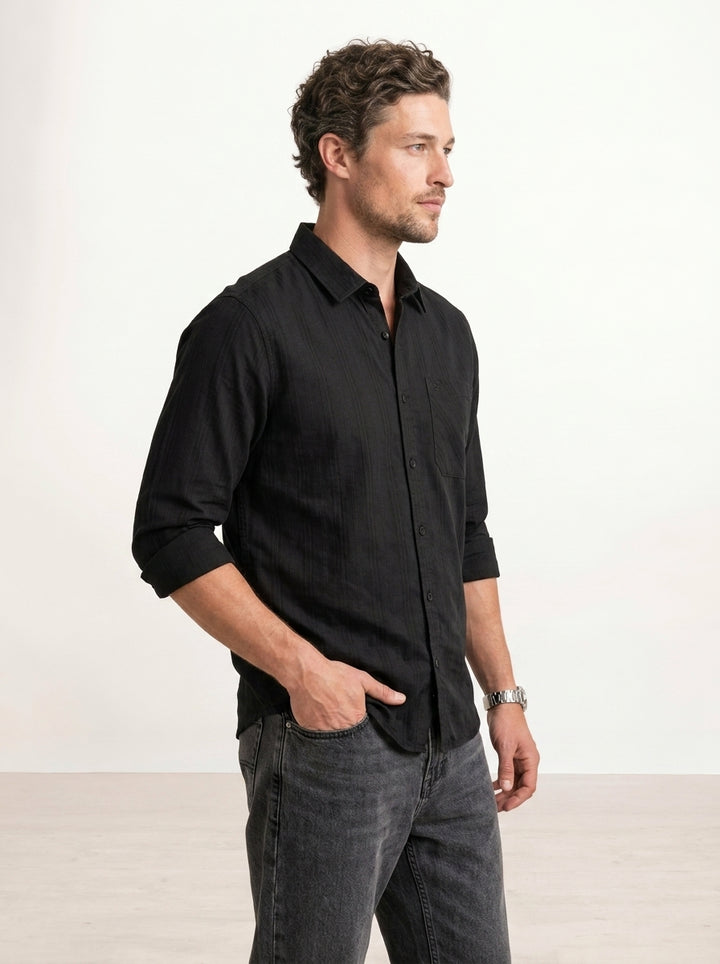 Textured Slim Fit Full Sleeves Shirt | Black