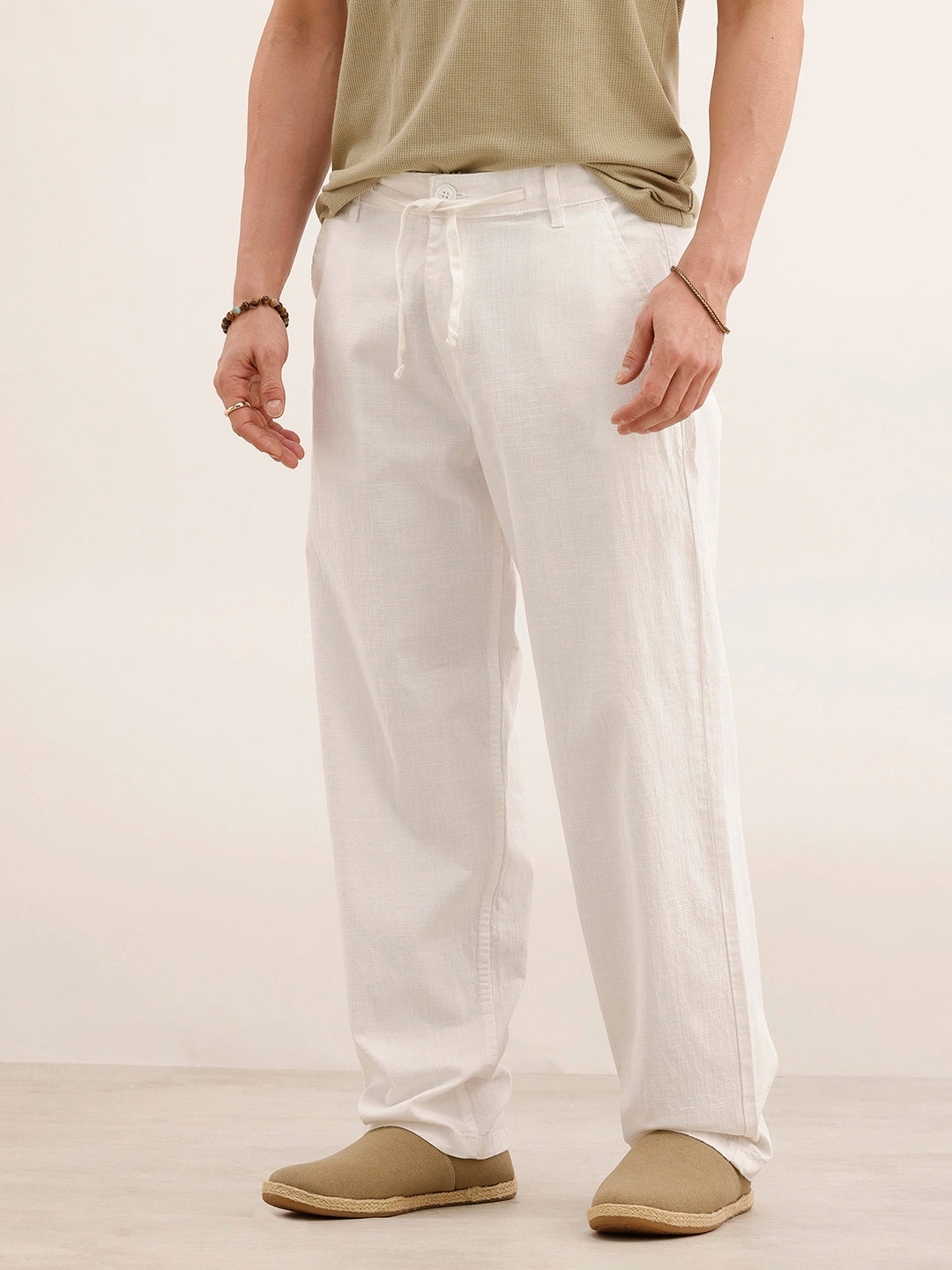 Loose Fit Solid Textured Trouser | White