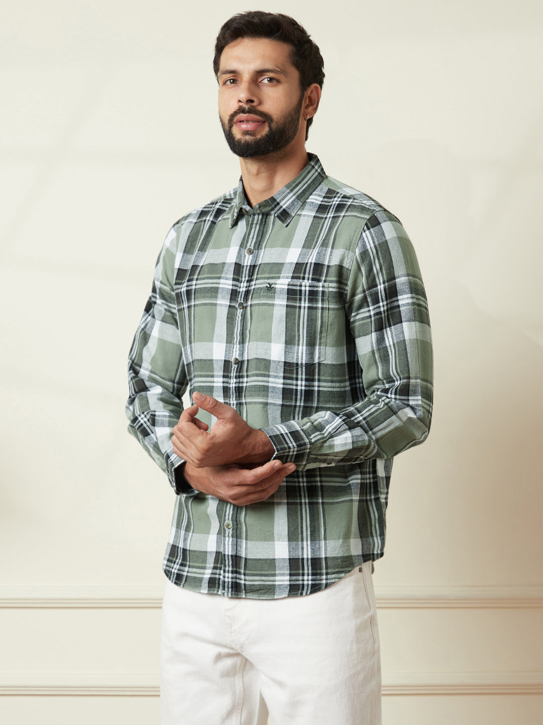 Checked Slim Fit Shirt in Light Olive