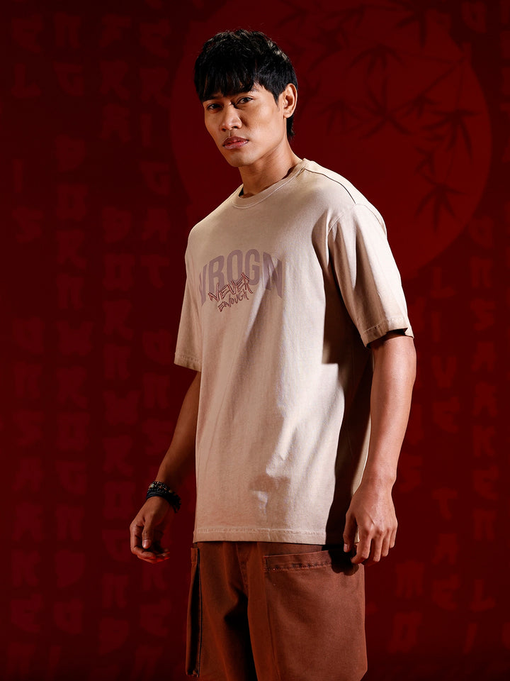 Casual oversized T-shirt with statement chest print & Embroidery | Brown