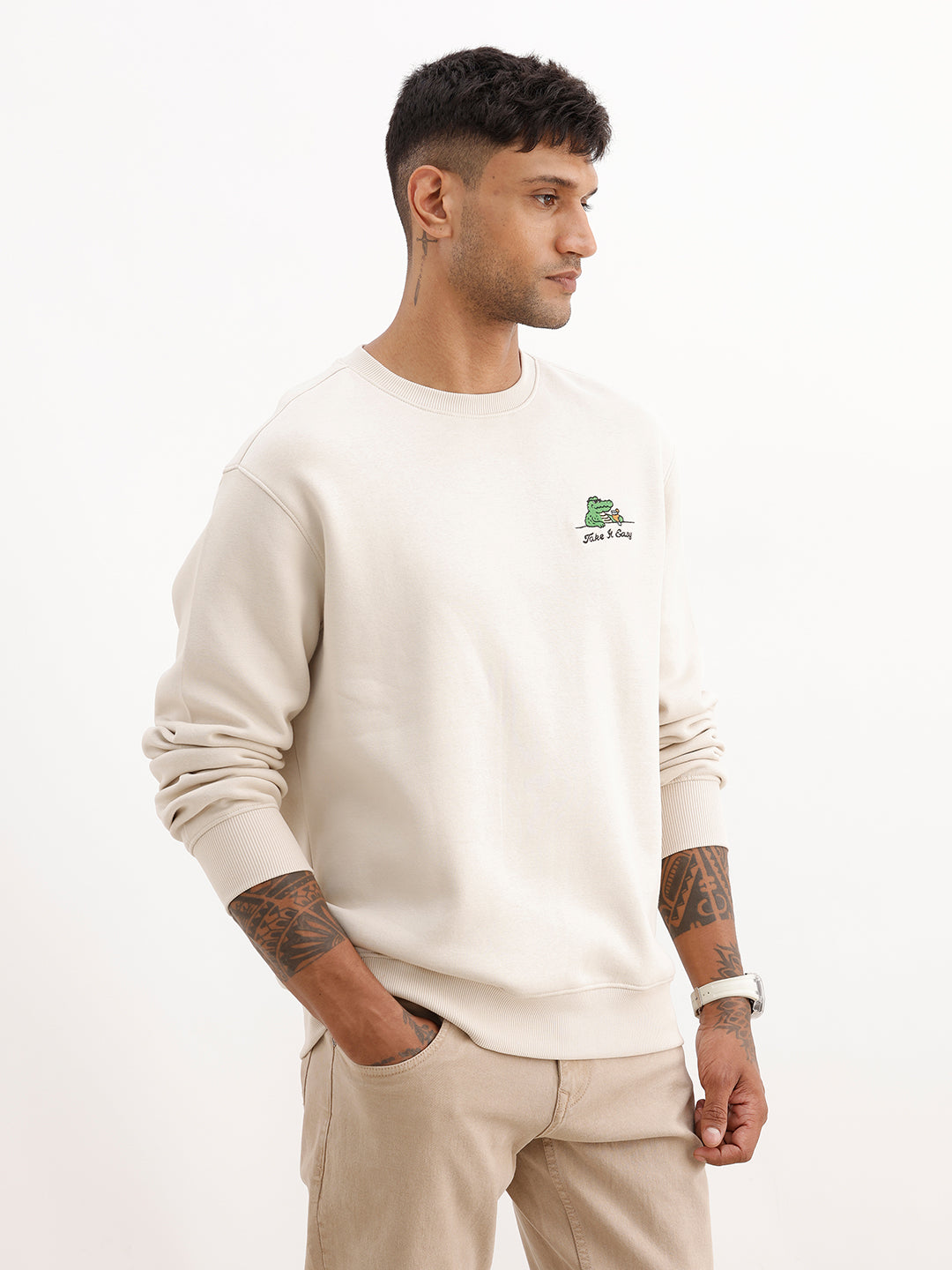 Comfort Fit Embroidered Detail Sweatshirt | Beige