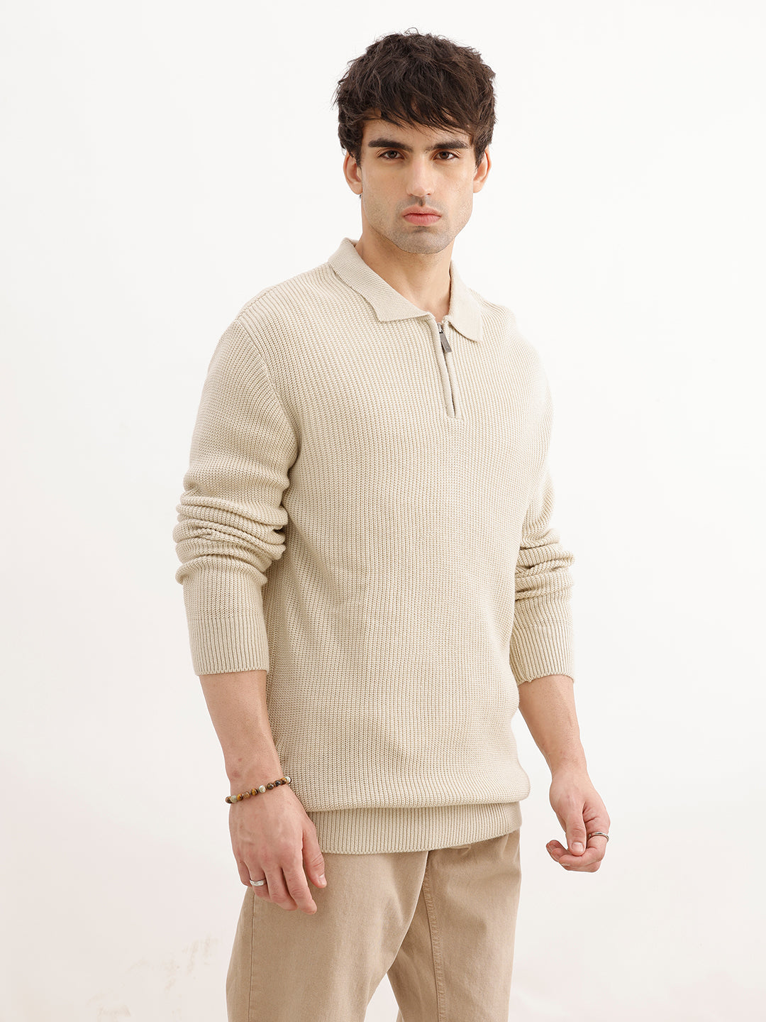 Solid Quater Zip Knitted Sweater | Beige | WSW02FSRE1068W