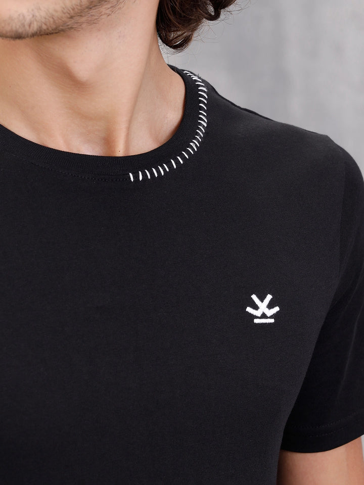 Solid Crew Neck With Contrast Stitch And Print Detail  |  Black
