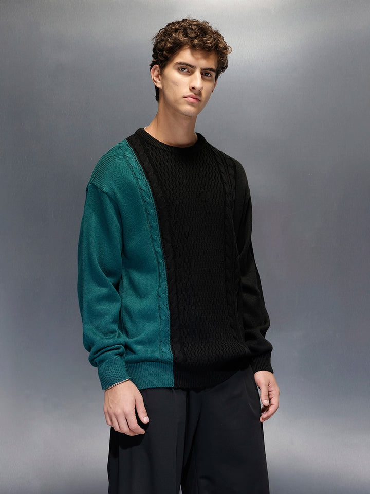 Men's Slim Fit Cable Knit Colorblocked Sweater  |  Black