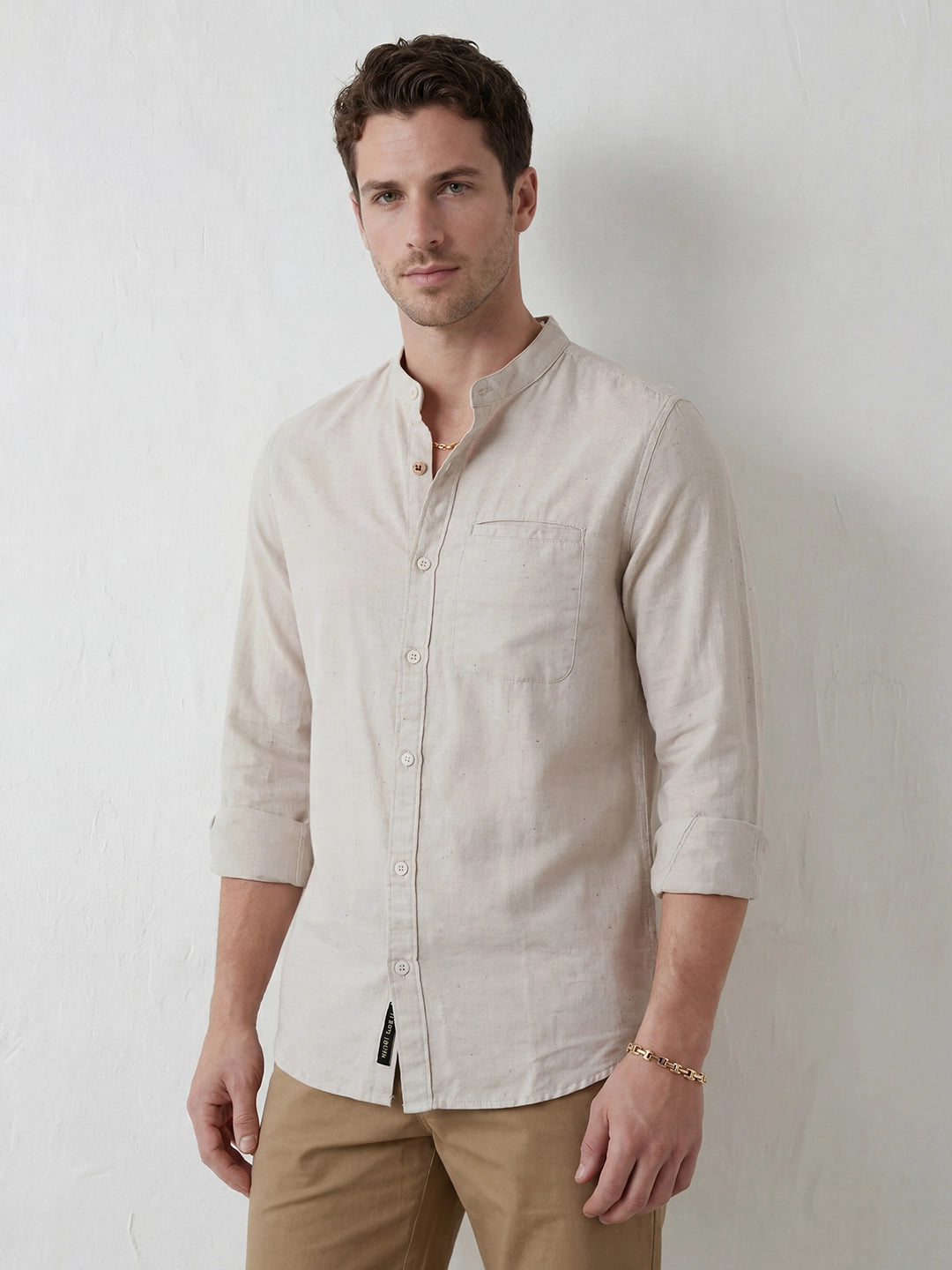 Classic Solid Mandrin Collar Shirt | Grey