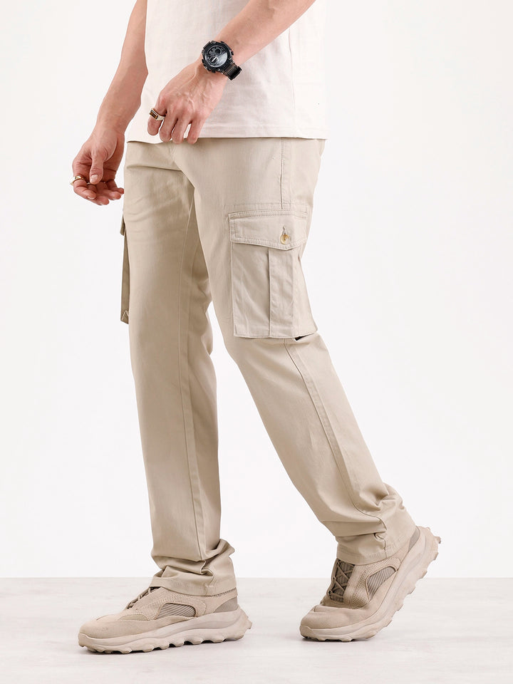 Solid Straight Fit Cargo Trouser   |  Beige